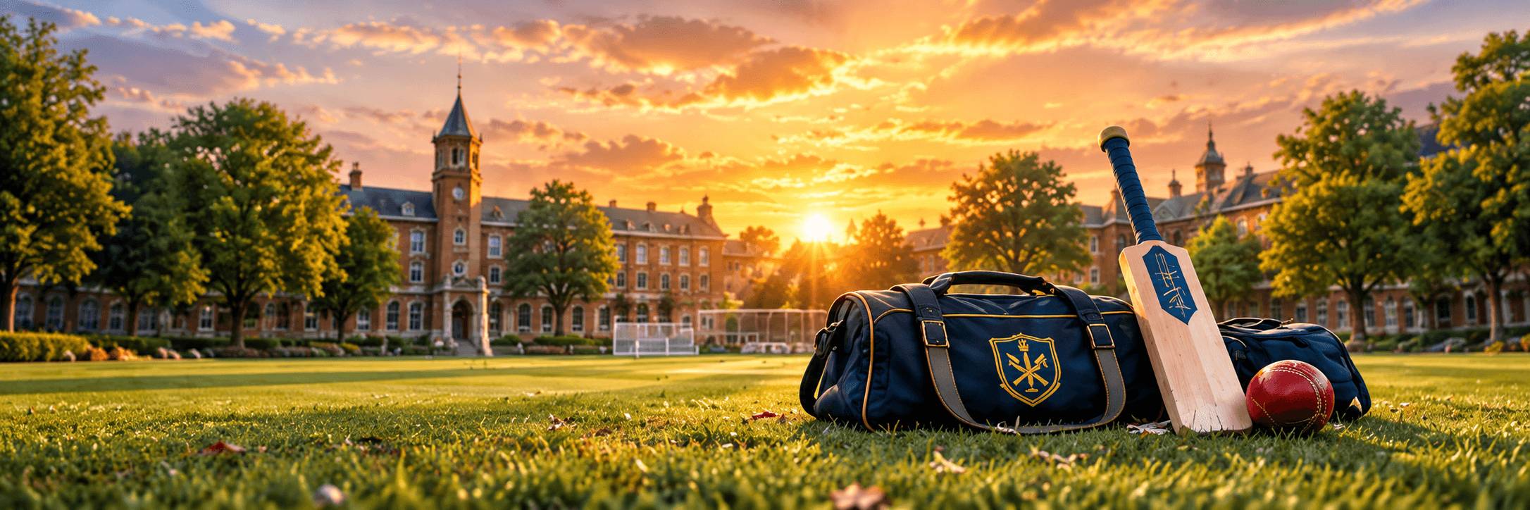 Cricket kit bag and bat on the school field at sunset