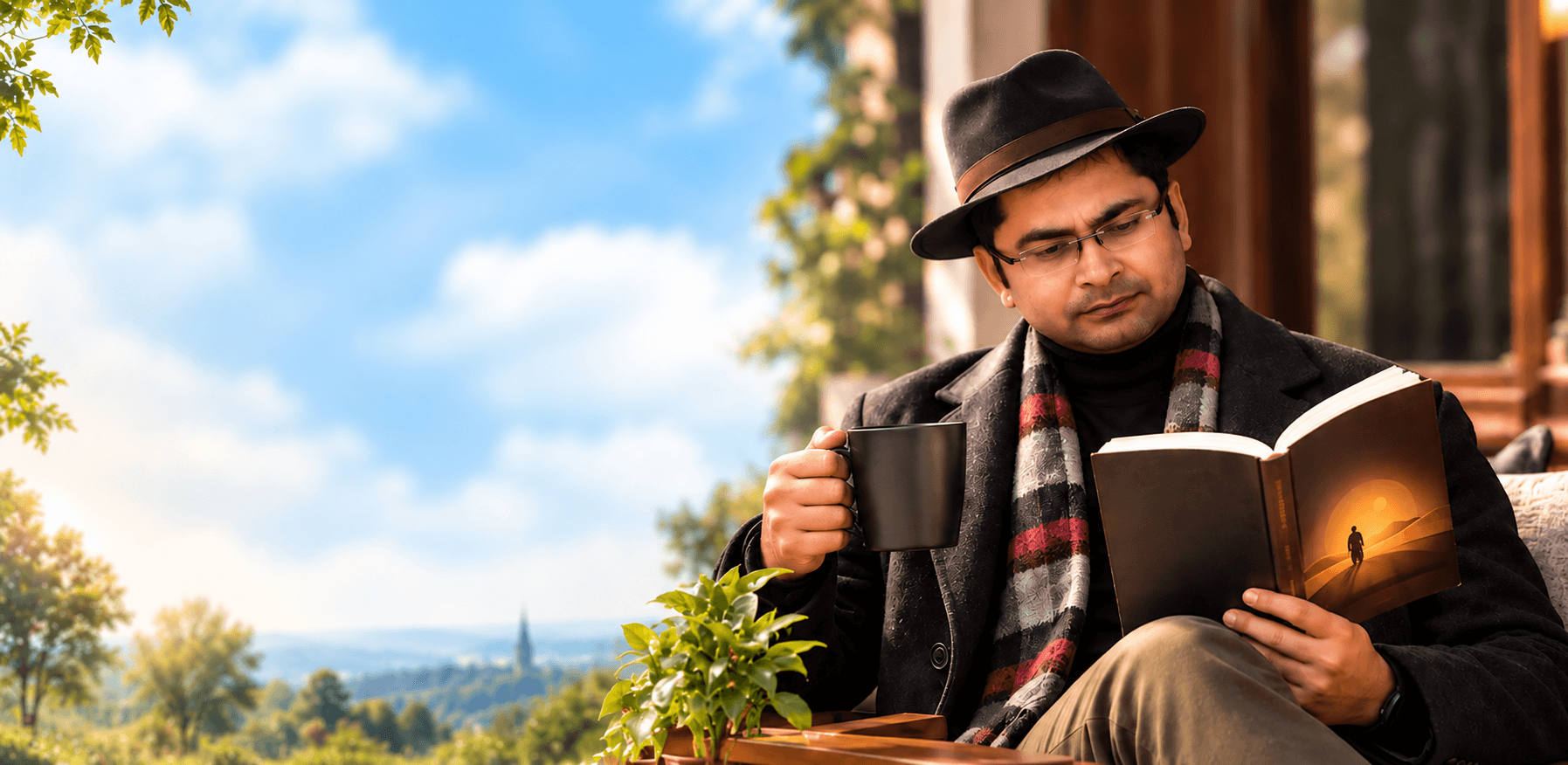 Amit Y Sing reading The Alchemist with a cup of coffee